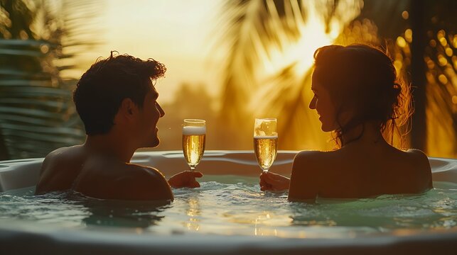 Young happy couple enjoying sunset in bath in the jacuzzi - Couple of lovers in a jacuzzi pool