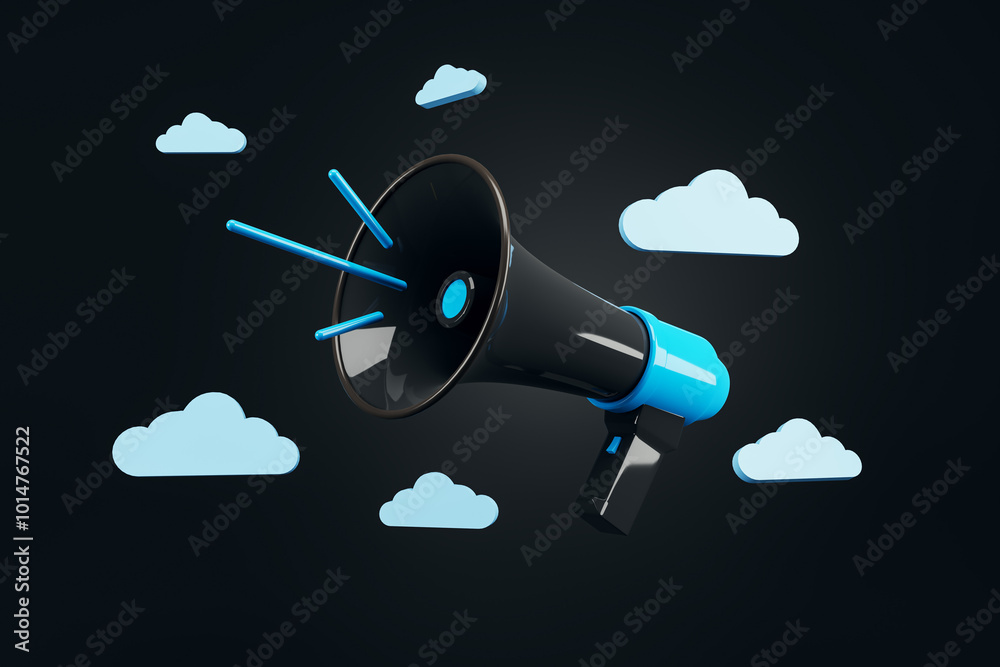 Aufkleber Megaphone with clouds on a dark background for marketing purposes. 3D Rendering