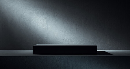 Modern pedestal on a dark backdrop with spotlight illumination. 3D Rendering