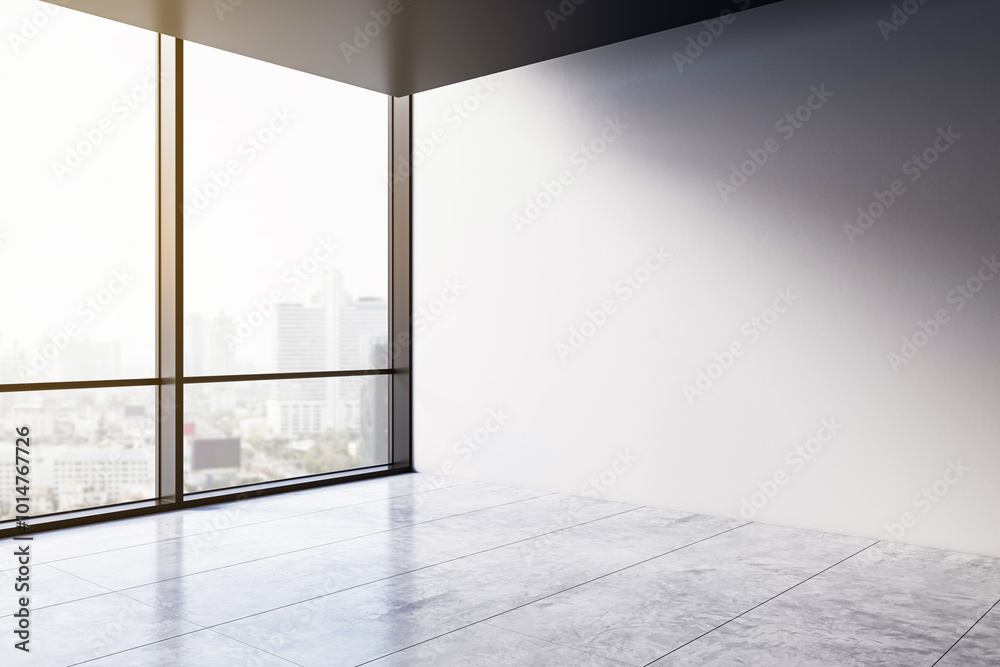 Poster modern office interior with a large window and blank wall for mockup. 3d rendering