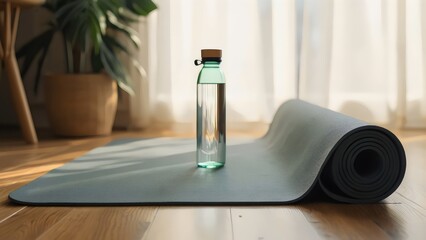 Yoga mat with a glass bottle of water over it promoting health and fitness