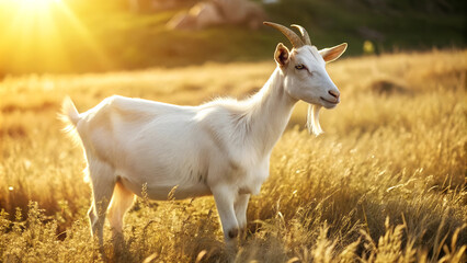 Obraz premium Majestic white goat grazes peacefully in a sun-drenched golden meadow, embodying rural tranquility and natural beauty.