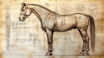 Artistic horse sketch with anatomical drawings and technical details on aged paper background