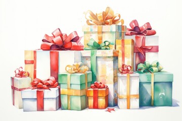 Fototapeta premium Design a charming watercolor composition showcasing a collection of Christmas presents wrapped in a variety of colors and sizes