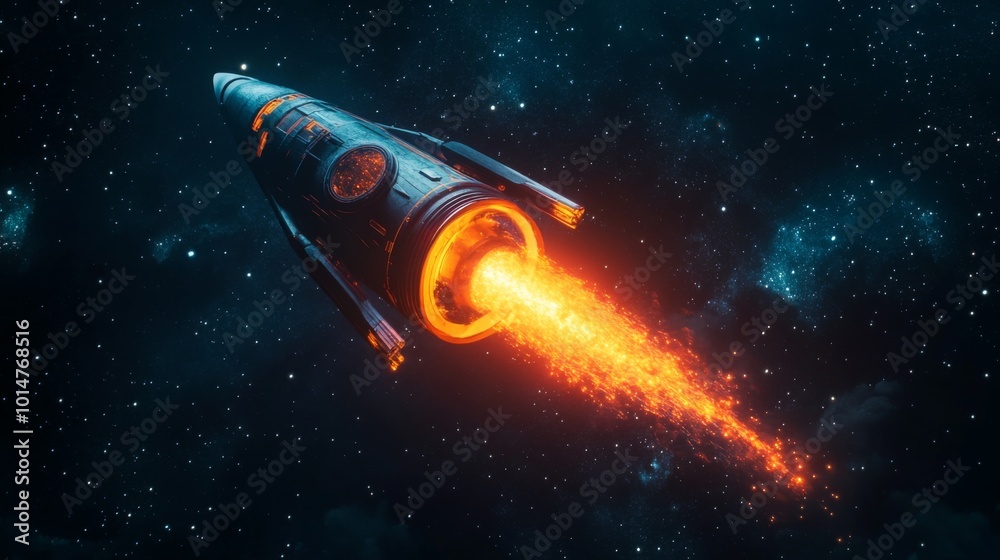 Aufkleber A rocket propels itself into the vastness of space, with a brilliant stream of orange and yellow flames trailing behind it. Stars twinkle in the dark backdrop, enhancing the dynamic launch moment.