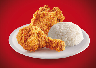 crispy fried chicken in a red background with rice