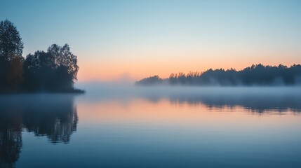 Fototapeta premium A calm lake with fog and trees in the background, with a soft orange and blue sky at dawn.