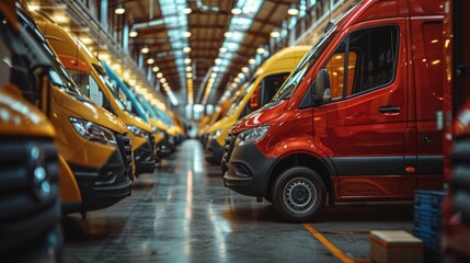 Naklejka premium Rows of new delivery vans in a factory with bright lighting.