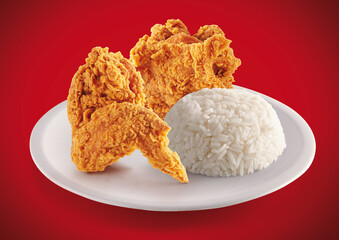 crispy fried chicken in a red background with rice