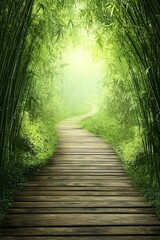 Obraz premium A wooden pathway through a green bamboo grove, highly detailed, bright exposure