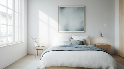 A minimalist bedroom with a large window, a white bed with blue linens, a wooden nightstand, and a gray lamp. A picture is hung on the wall above the headboard.