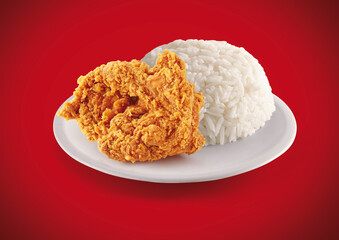 crispy fried chicken in a red background with rice