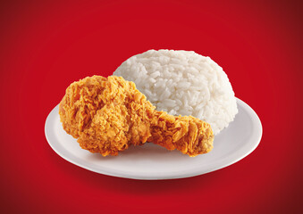crispy fried chicken in a red background with rice