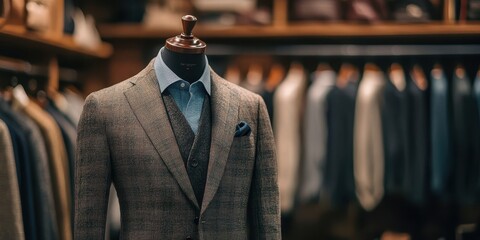 Elegant tailored suit displayed on a mannequin in a stylish clothing store, showcasing classic fashion and craftsmanship.