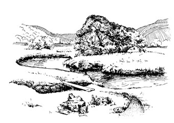 Panorama of countryside landscape with river. Pen sketch converted to vector drawing