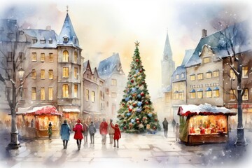 Naklejka premium Illustrate a cozy winter scene with a vibrant watercolor depiction of a Christmas market