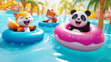 Three cute cartoon animals, a fox and a panda, are floating in a pool on inflatable rings.
