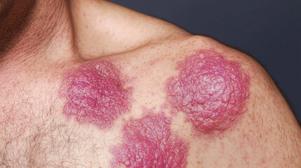 Fototapeta premium Close-Up Examination of Cutaneous T-Cell Lymphoma on Chest Showing Red Scaly Patches for Medical Awareness and Education