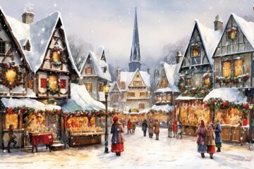 Paint a watercolor illustration of a bustling Christmas market from a worms-eye view