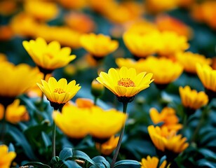 Obraz premium Vibrant yellow purslane flowers thrive in a garden, showcasing their delicate petals against a backdrop of lush green foliage under the bright sun. Generative AI