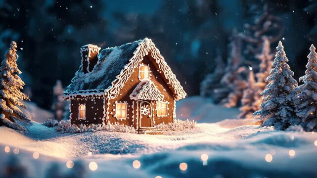 Winter night gingerbread house in a snowy forest, decorated with sugar details and lit by the soft glow of moonlight for a magical holiday feel. Gingerbread house, New Year, Christmas