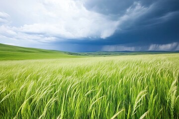 Obraz premium Dark Storm Clouds Loom Over a Lush Wheat Field Before an Impending Downpour in the Countryside
