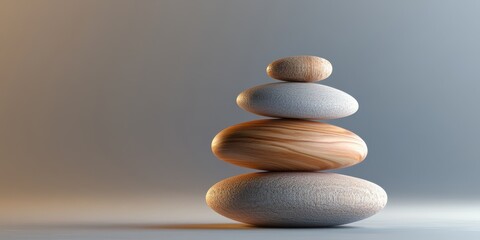 A balanced stack of smooth stones representing tranquility and harmony in a serene setting.