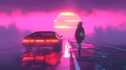 A person walks away from a car on a wet road with a neon sunset in the background.