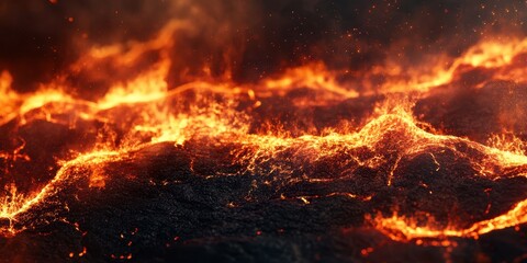 A breathtaking view of flowing lava, showcasing the intense colors and movement of molten rock in a volcanic landscape.