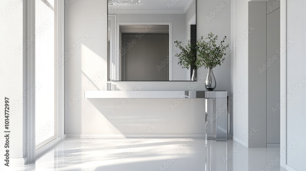 Poster A spacious hallway showcases a stylish console table beneath a large mirror, illuminated by natural light streaming through long windows. A simple plant adds a touch of greenery to the design.