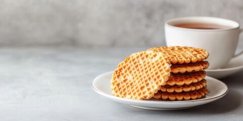 A cozy scene showcasing delicious waffles on a plate alongside a steaming cup of tea, perfect for a relaxing moment.