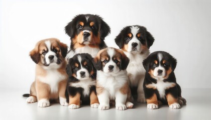 Obraz premium A group of six adorable St. Bernard puppies sitting together on a white background.