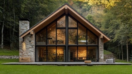 Fototapeta premium A modern stone cabin featuring a large glass facade, surrounded by dense forest, providing a peaceful and nature-f 