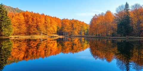 Obraz premium A serene autumn landscape featuring vibrant orange trees reflecting on a calm lake under a clear blue sky.