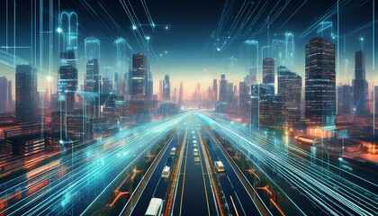 AI-powered data processing system analyzing real-time business metrics in a high-tech office