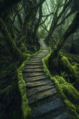 Fototapeta premium Aa wooden pathway through a mossy forest, highly detailed, bright exposure