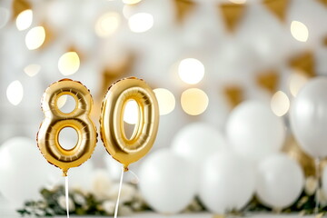 Golden helium floating balloons made in shape of number eighty. Birthday jubilee party or wedding anniversary for 80 years celebration. Elegant white decorations	
