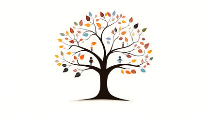 An illustrated family tree with colorful branches and leaves representing connections. Family connections.


