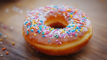 Mouthwatering glazed donut with colorful sprinkle topping displayed on a wooden table image