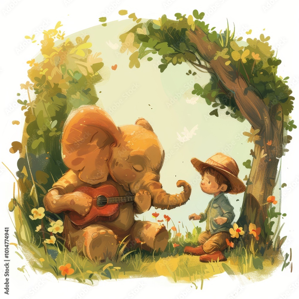 Wall mural a boy and an elephant are playing a guitar together. the scene is peaceful and happy, with the two a