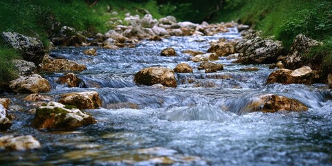 A serene river flows over smooth stones, surrounded by lush greenery, capturing the essence of nature's tranquility and beauty.