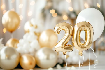 Golden helium floating balloons made in shape of number twenty. Birthday jubilee party or anniversary for 20 years celebration. Elegant white decorations