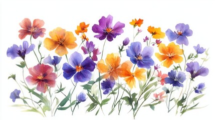 Watercolor painting of colorful wildflowers with green stems and leaves.