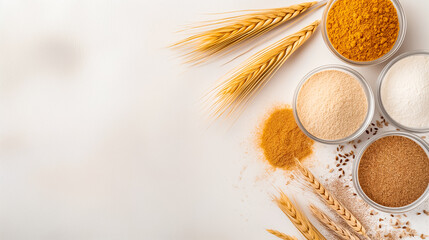 A collection of colorful spices and grains is neatly organized on a kitchen counter alongside decorative wheat stalks, highlighting the beauty of cooking ingredients