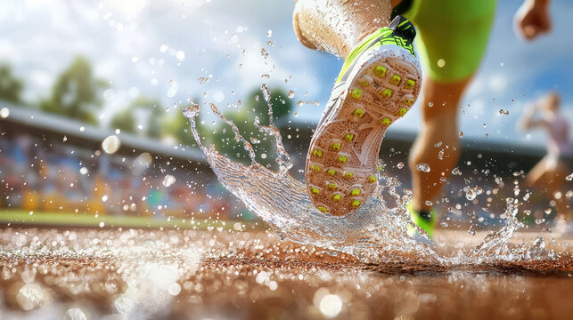 close up view of runners foot splashing through water on track, capturing dynamic motion and energy of sport. vibrant colors and droplets create exhilarating atmosphere