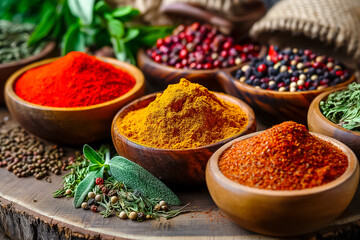 Different spices are showcased in wooden bowls, highlighting bold colors and textures. Fresh herbs add a green touch to this flavorful arrangement