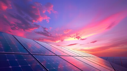 solar panels on modern roof at sunset, clean energy, renewable power