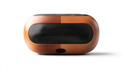 Modern wireless speaker with a wooden finish on a white background perfect for home and office decor high-quality sound and sleek design. Ideal for music lovers and tech enthusiasts. . Generative AI