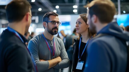 Engaged employees at trade show enthusiastically listening to startup business owner s presentation