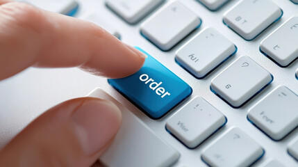 Close up of finger pressing blue order key on computer keyboard, symbolizing online shopping and digital transactions. This captures essence of convenience in modern purchasing